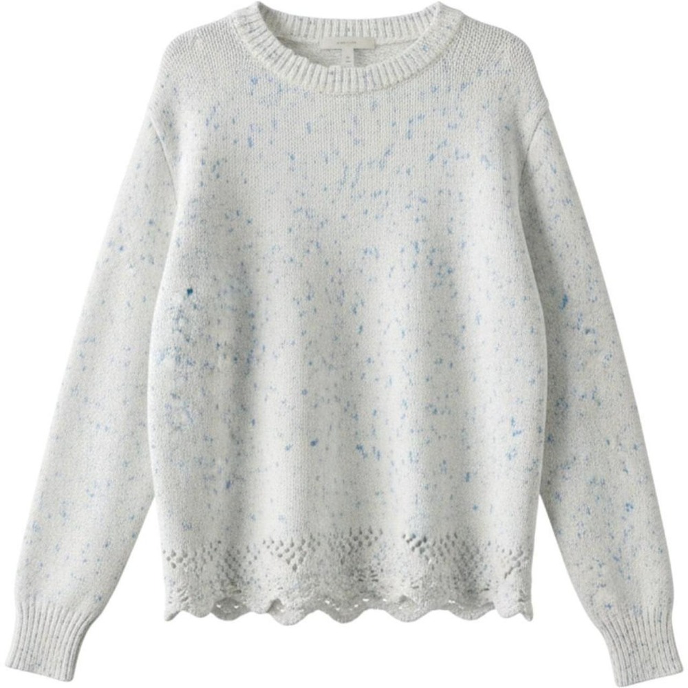 French Connection White Blue Marled Pointelle Scallop Hem Crewneck Sweater M